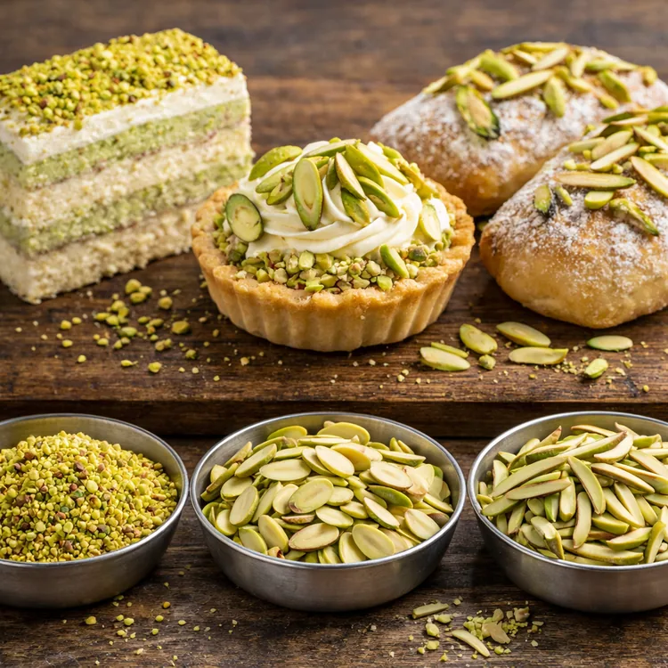 Pistachio granules, slices and slivers for bakery applications